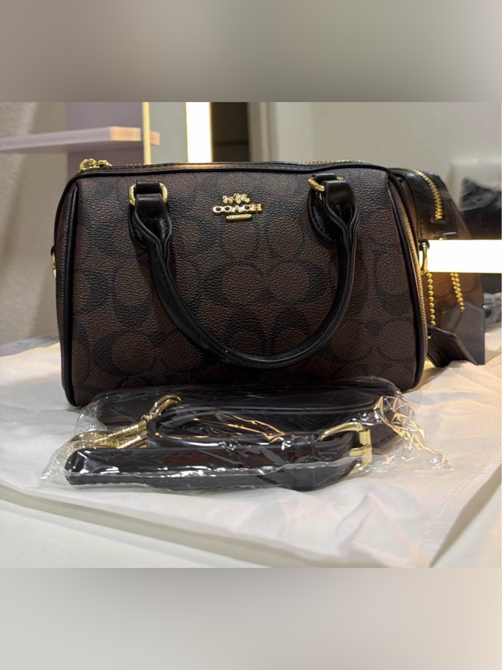 Coach Brown & Black Signature Mini Satchel with Gold Hardware